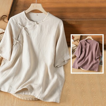 ＊ORead＊棉麻短袖斜襟盤扣上衣(2色M~2XL)