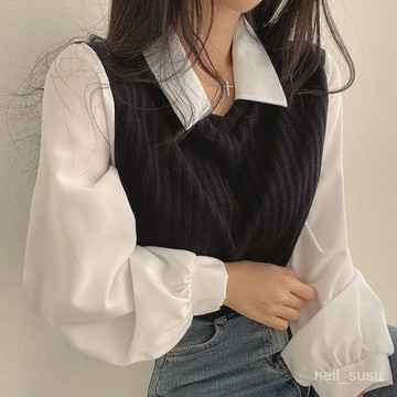 P3-chic法式複古時尚針織假兩件拚接短款襯衫女秋季泡泡袖上衣女新款