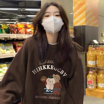 無帽圓領衛衣女 秋冬上衣 小個子衛衣 韓系慵懶風上衣 加絨加厚套頭上衣 衛衣女 大學t 印花長袖 套頭上衣