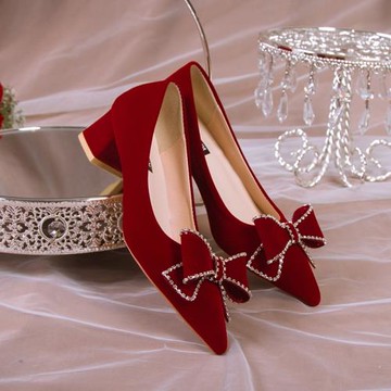 桃夭低跟婚鞋兩穿女2025年新款秀禾敬酒新娘鞋孕婦酒紅色訂婚單鞋