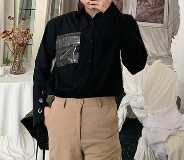 FINDSENSE 品牌 2019 春季 新款 中長褲 嘻哈 刷漆 印花  寬鬆 個性 社會 男青年  長袖 免燙 襯衫