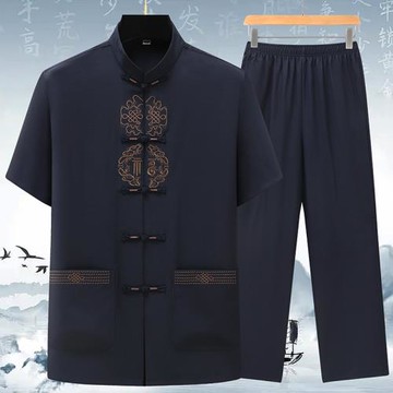 中國風夏裝2025夏季新款唐裝男短袖中老年男士寬松爸爸裝冰絲套裝