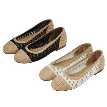 【Grace Gift】平底鞋 編織鞋 娃娃鞋【法式輕透編織拼色平底娃娃鞋】2色 35-43號 平底娃娃鞋