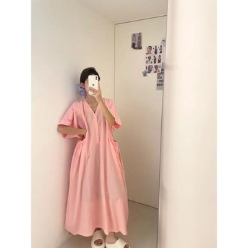 大7女裝32258夏季韓版寬松大碼胖mm慵懶風大口袋V領短袖連衣長裙