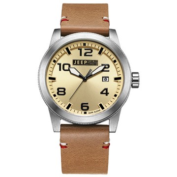 Jeep Spirit  自然率性休閒皮帶錶-銀框淺黃x淺咖啡色/46mm
