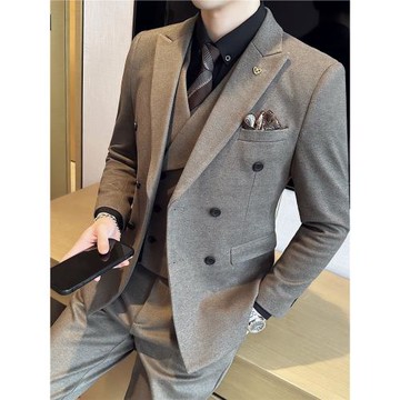 秋冬毛呢西裝套裝男高級感雙排扣男裝加厚妮子修身西服正裝英倫風