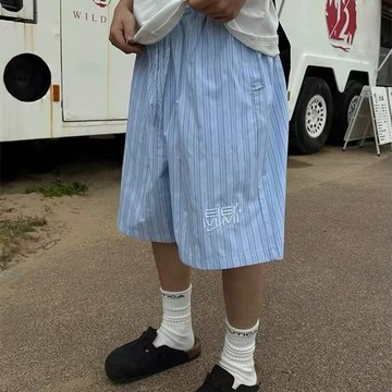 七分褲 韓系 男女 夏季美式復古藍色條紋短褲男女抽繩沙灘褲速幹寬鬆休閒百搭五分褲 街頭 嘻哈 情侶 短褲 中性風 七分短
