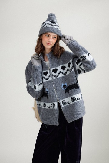 戴帽子小貓 復古立領綿羊毛針織開衫