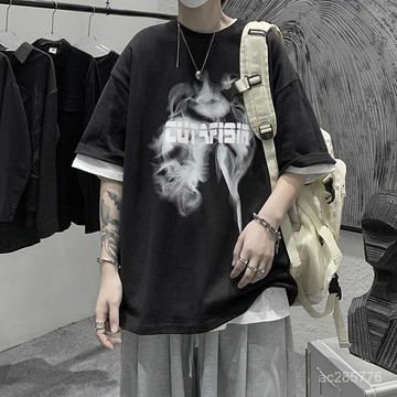 【熱門爆款】男裝短袖T恤韓版寬鬆卡通印花半袖小衫潮牌五分袖T恤衫學生上衣