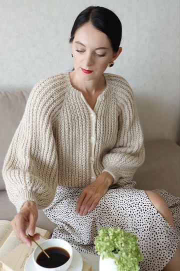 短版針織開襟外套 羊毛寬鬆針織外套 泡泡袖 粗織手工毛衣