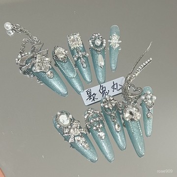 ✨Hannah✨若藍鏈條38mm長尖圓重工穿戴甲貓眼藍溫柔穿戴甲手工製作反複使用美甲師暴兔丸 RTUZ