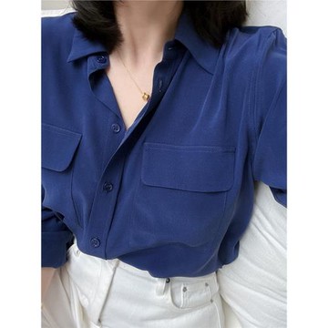 顯白顯氣質的蒼藍喜歡嗎經典口袋款新色砂洗真絲桑蠶絲長袖襯衫