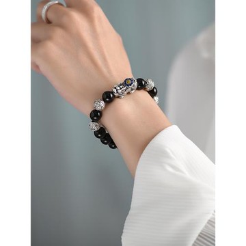 羅泰老銀匠999純銀琺瑯貔貅手鏈男士款新中式生日禮物黑曜石手串