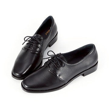 [獨家訂製楦型]全真皮素面橢圓頭休閒德比鞋 黑色