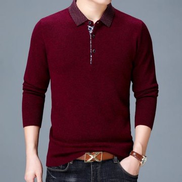 紅色羊毛衫男爸爸純羊毛翻領毛衣秋冬針織衫商務休閑本命年羊毛衫