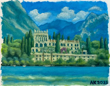 Isola Del Garda油畫，義大利風景，建築，湖泊插畫，