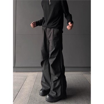 黑色男生cleanfit褶皺褲子男款微喇叭闊腿工裝褲美式垂感夏季西褲