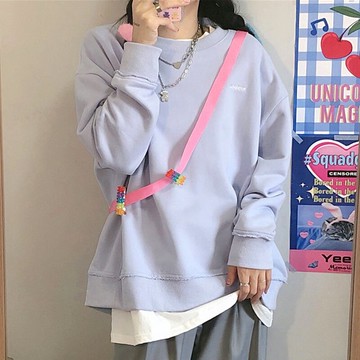 vintage嬰兒藍衛衣女春秋薄款寬松學生圓領外套ins潮長袖上衣