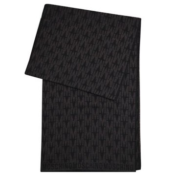 MOSCHINO 滿版M LOGO撞色花紋羊毛長圍巾(深咖/黑)