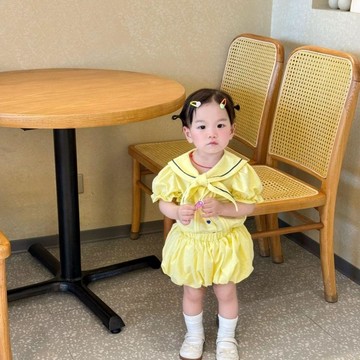 Mini baby🌷兒童套裝女童韓版短褲學院翻領超萌短袖寶寶夏季可愛