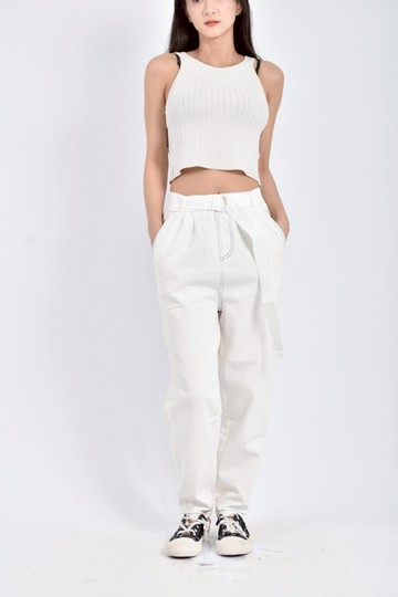 (L) 囍高腰質感棉質縫線鬆緊腰白色綁帶長褲