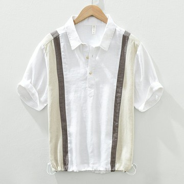 夏季純亞麻襯衫領短袖T恤男拼接T半中袖寬松POLO上衣棉麻布料體恤
