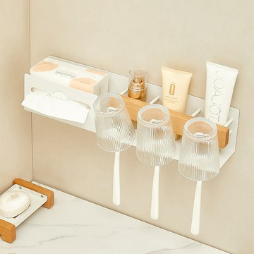 【含稅/免運】 原木白洗臉巾置物架漱口杯牙杯電動牙刷牙膏架子掛架衛生間免打孔