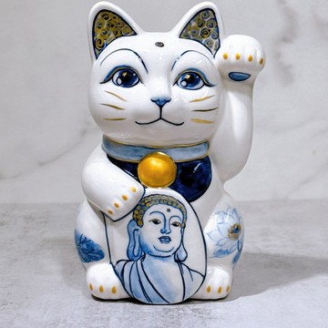 【佛光慧照 】日本清水燒招財貓 | 染付 佛陀仫光 金彩