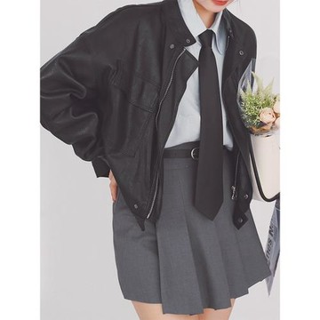 曬曬自制 黑色短款皮衣外套通勤百搭寬松韓版春秋季新款小個子女