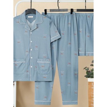 男士睡衣三件套純棉短袖長褲夏天薄款男式青中年可外穿大碼家居服