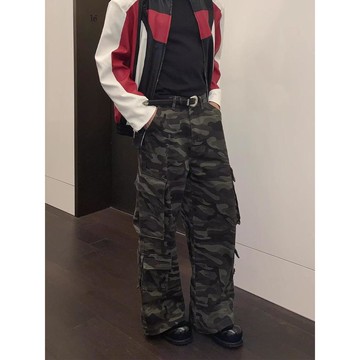 美式嘻哈復古迷彩工裝褲男炸街寬鬆直筒垂墜感休閒百搭長褲男