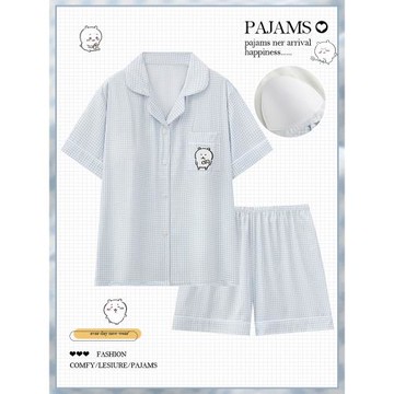 自嘲熊冰絲睡衣女夏季短袖薄款涼感自帶胸墊一體式夏天家居服套裝