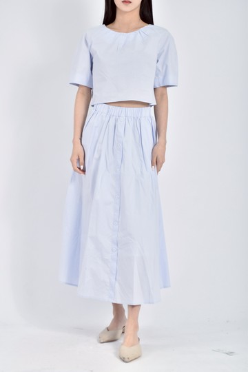 (L) the madre質感純棉鬆緊腰藍色套裝