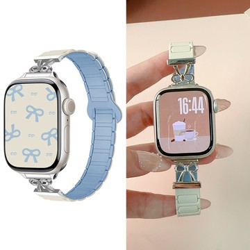 蝴蝶結 磁吸硅膠 適用 Apple Watch S10 9 8 7 6 SE 防水錶帶 42mm 45mm 46mm錶帶