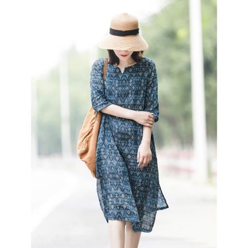送腰繩 水洗暈染印花薄款麻料連衣裙女寬松 開叉中長款氣質連衣裙