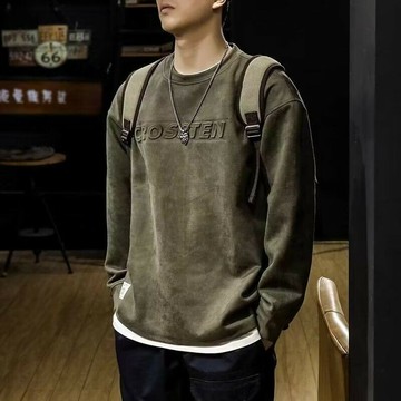 美式複古大學T 上衣 大學T 衛衣 重磅麂皮絨衛衣男秋季寬鬆潮牌大碼打底衫春秋長袖大學T 韓版男裝 秋冬男裝 保暖男裝