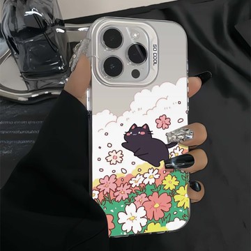 免運+隔日🚚元氣手機殼 奔向花叢黑貓 適用於蘋果17promax 16Pro 15plus 14 13 12 11防摔
