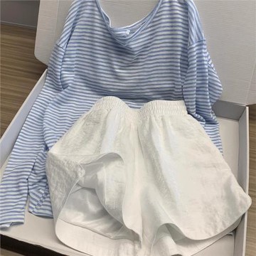 Sin Glee 簡約休閑條紋慵懶睡衣女夏季新款長袖短褲可外穿家居服