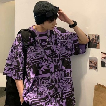 滿版印花夏季衣服 素t 潮流 日系 短袖T恤 男生 寬鬆 嘻哈 大尺碼 情侶 五分袖 男t 短T Y2102