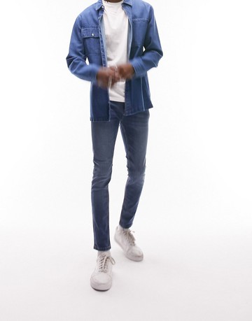 Topman essential spray on jeans in mid wash-Blue