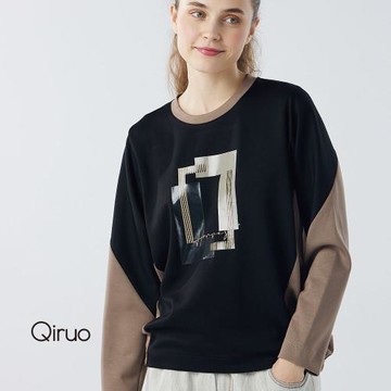 【Qiruo 奇若】秋冬專櫃黑咖長袖上衣6017A 彩繪紋路設計