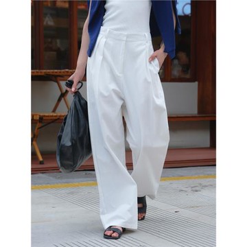 SIK韓版ins直筒褲白色休閑西褲高腰直筒寬松挺括長褲女早春新款薄