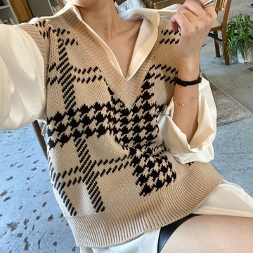 [巴黎精品] 針織背心無袖毛衣-V領千鳥格紋馬甲女上衣2色m1ab4