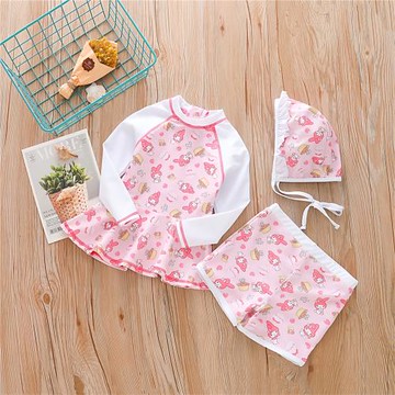 兒童泳衣粉色女童小孩寶寶長袖防曬分體裙式休閑速干平角褲泳裝