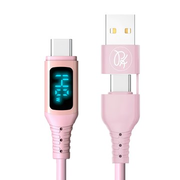 PICKOGEN 皮克全 140W快充二合一充電線 雙Type-C USB-A PD快充 液態矽膠材質 智能數顯 QC4.0  粉色  1.2m  1條
