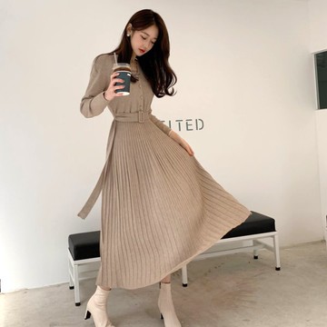 【白鳥麗子】連身裙 復古素面排扣綁帶針織百褶長版洋裝 店長推薦