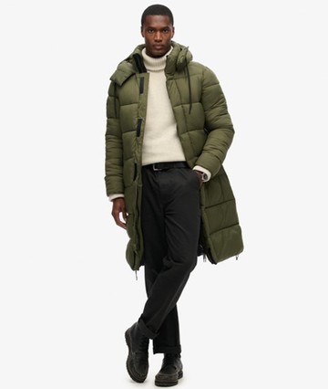 Superdry Men's Men's Ripstop Longline Puffer Jacket Green / Dark Moss Green Grid - Size: M