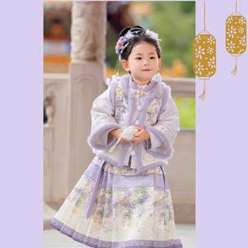 love, charlotte - 古風棉襖旗袍領外套配小兔花朵馬面長裙-外套+長裙-淺紫色