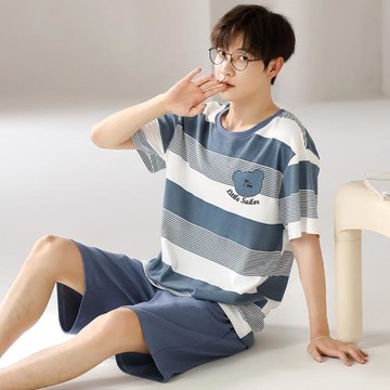 睡衣男款夏季套裝圓領純棉卡通短袖加大碼夏天薄款男士條紋家居服