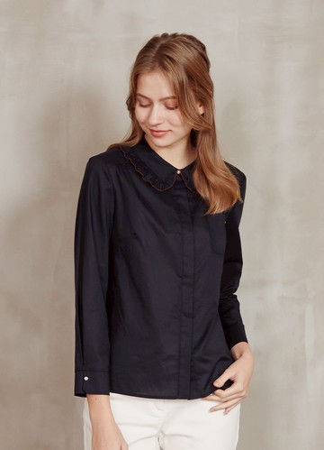 舒柔優雅荷葉翻領棉質長袖襯衫